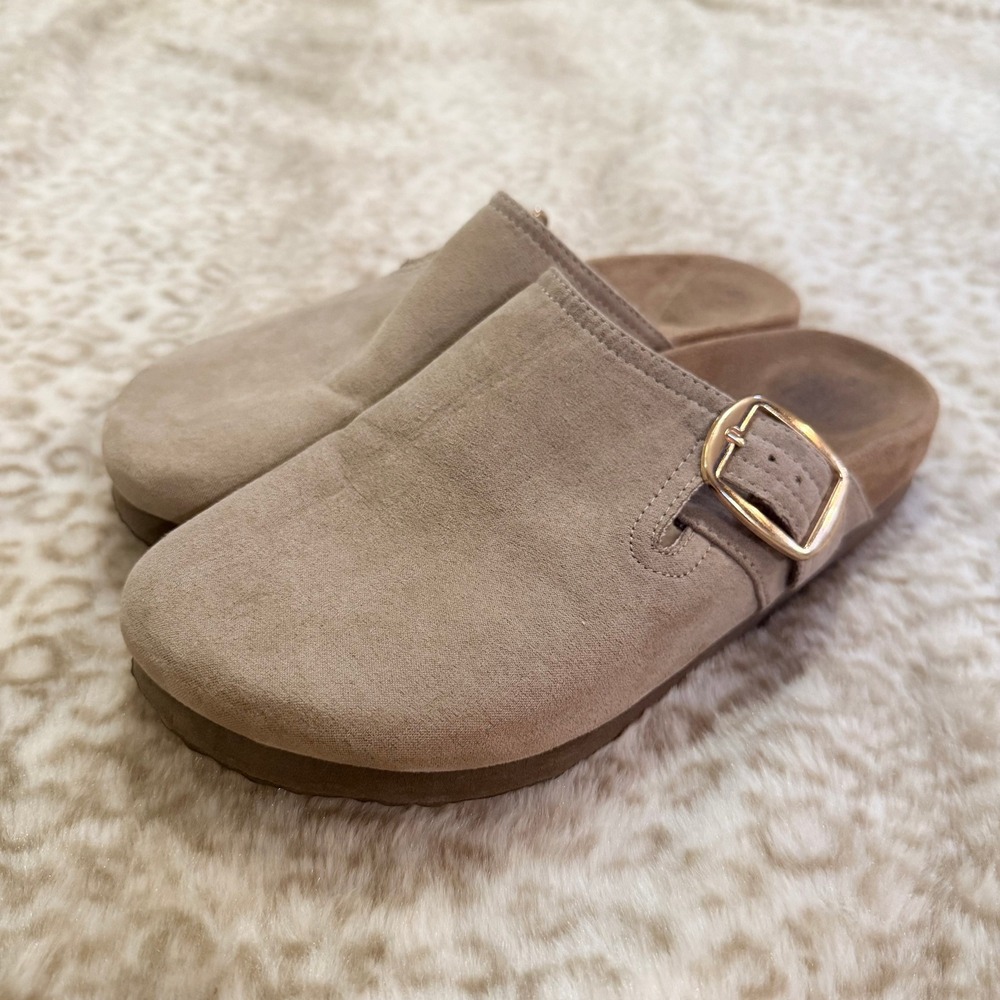 Womens Taupe Suede Clog Mules Gold Buckle Slip On Shoes Size 6 Boho Vibe